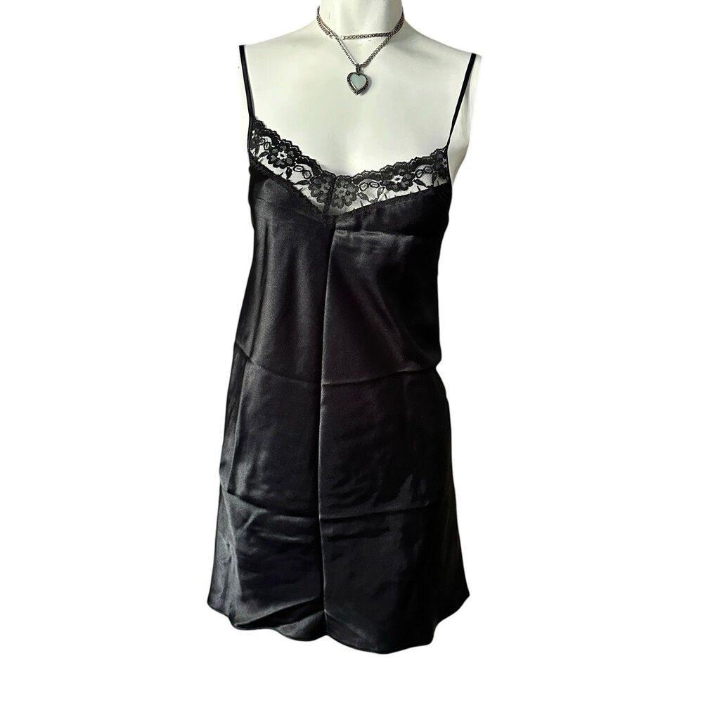 Victoria's Secret Black Satin Lace Slip Dress Nightie Size M